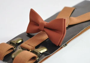 Rust Rusty Cotton Bow tie bowtie + Tan Brown Elasitc Suspenders Braces  - Picture 1 of 18