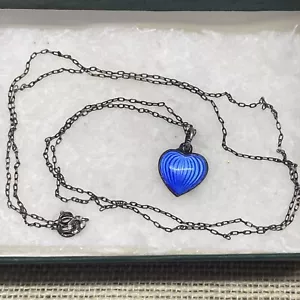 Antique OPRO Sterling Silver Pendant 925 Blue Enamel Heart Necklace 22” Chain - Picture 1 of 7