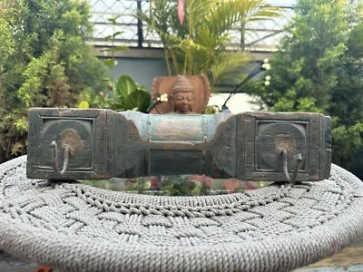 Antique Wooden Hand Carved Wood Rustic Painted Double Hook Old Wall Hanger - Image 1 of 4