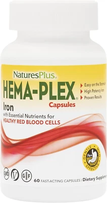 Naturesplus Hema-Plex Iron - 60 Fast-Acting Capsules - 85 Mg Chelated Iron + Vit - Imagem 1 de 4