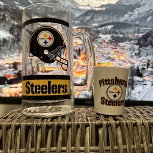 Shot And A Glass Becher Pittsburgh Steelers Glaswaren 2er Set Vintage  - Bild 1 von 11