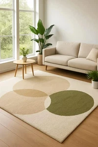 Beige Green Hand Tufted Area Rug 5x8 Modern Circle Overlap Pattern Minimalist - Picture 1 of 6