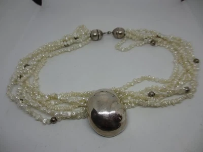 GORGEOUS VTG SIGNED MIGNON FAGET STERLING SHELL&6 STRAND PEARL NECKLACE-85 GRAMS - Image 1 of 4