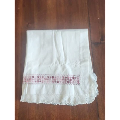 Vintage Embroidered Linen Floral Lace Trim Cottagecore Boho Bedroom Decor - Image 1 of 4
