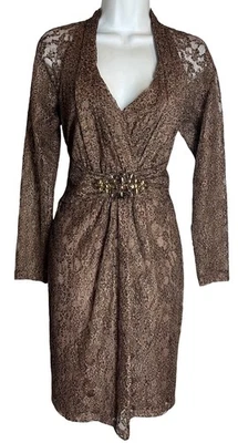 David Meister Cocktail Dress 6 Brown Lace Leopard Print Beaded Accent Sheath - Image 1 of 4