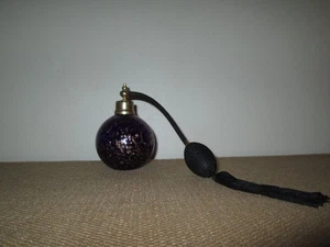 Vtg Cobalt & Iridescent Gold Blown Glass Round Perfume Atomizer w/ Black Tassel - Picture 1 of 6