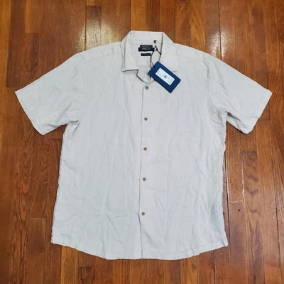 Kenneth Cole Shirt Mens XL Beige Linen Blend Camp Collar Slim Fit Short Sleeve - Image 1 of 4