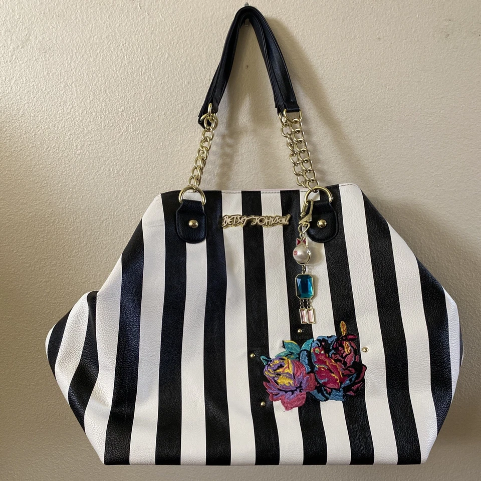 Betsey Johnson Purse Black White Floral/Rose Stripe Bag - Image 1 of 4