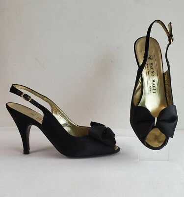 Vintage 80s Black satin gold leather Bruno Magli sling back peep toe heel Sz 4 B - Image 1 of 4