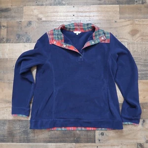 Crown & Ivy Womans Medium Blue Fleece Pullover Plaid Yoke Holiday Snap Neck - Picture 1 of 4