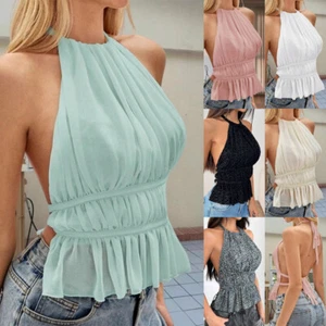 Womens Halter Neck Cami Shirts Summer Ruffles Chiffon Tops Backless Lace-up Vest - Picture 1 of 22
