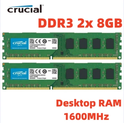 CRUCIAL DDR3 1600MHz 16GB (2x 8GB) PC3-12800 Desktop 240pin DIMM Memory RAM 16G - Image 1 of 4