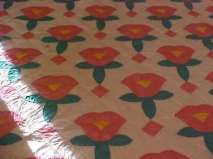 Vintage 1930s APPLIQUE QUILT, PINK FLOWERS - Picture 1 of 4