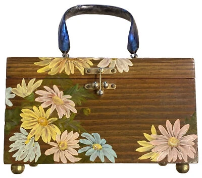 Painted Daisies Mums Vintage 1960’s Wooden Box Bag Purse Signed - Image 1 of 4