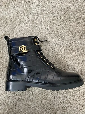 Botas de Combate LAUREN Ralph Lauren Eldridge Cocodrilo Negro Dorado Talla 8 9.5 10 Foto 1 de 4