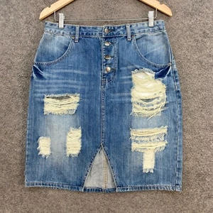 Minkpink Womens Denim Skirt Size L Large Blue Distressed Straight Mid 48416 - Picture 1 of 9