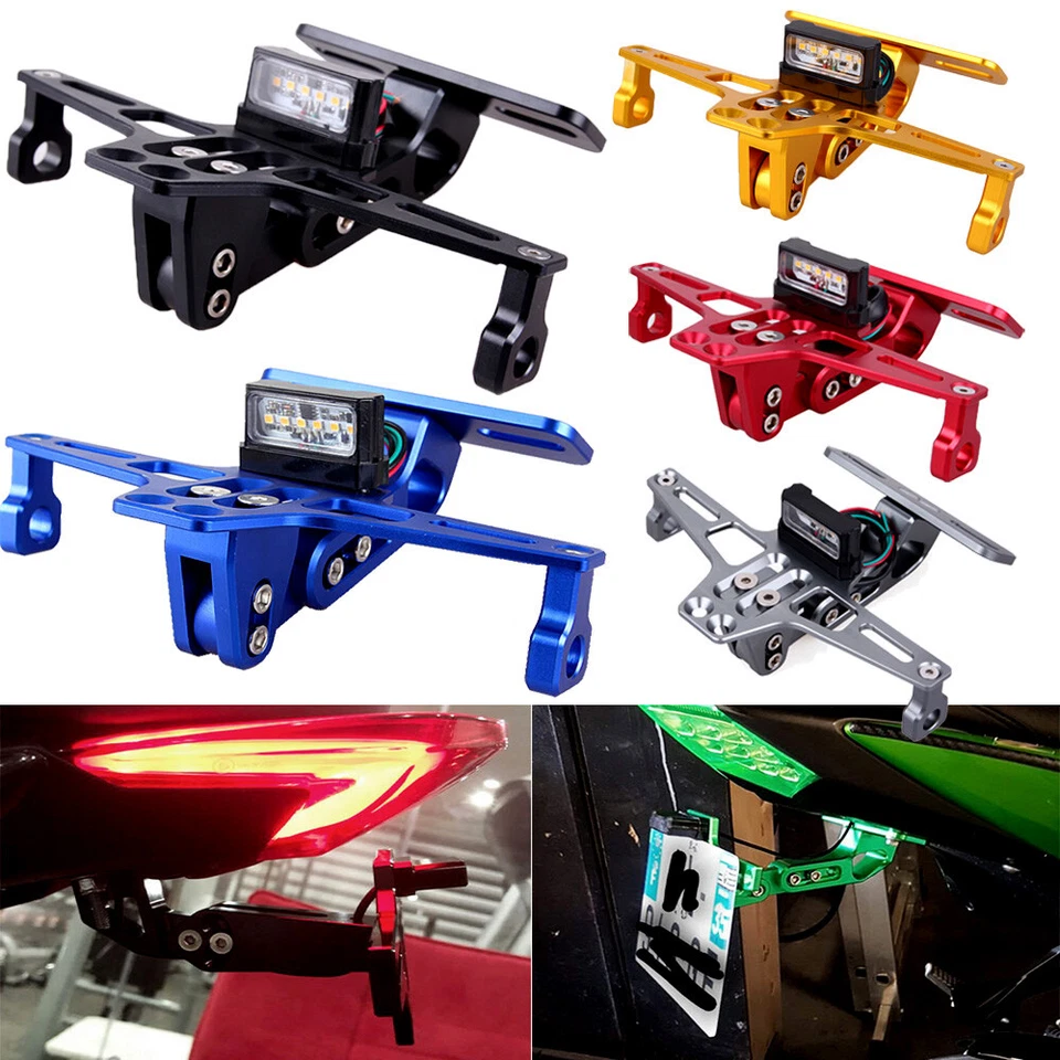 Soporte de matrícula ajustable para cola de motocicleta ordenado eliminador de guardabarros luz LED Foto 1 de 4