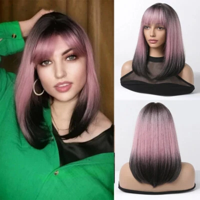 Short Black Pink Ombre Synthetic Wig With Bangs Straight Pink Wig for Women USA - Image 1 of 4