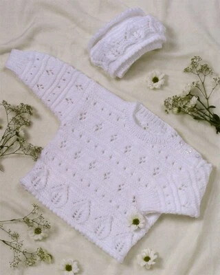 Wildflowers Baby Knitting Pattern Jumper + Puff Bonnet Hat Pure White 8ply 3m-4y - image 1 of 3