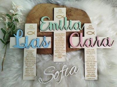 Geschenk zur Taufe, Kommunion, Kreuz mit Namen, personalisiert, aus Holz - Bild 1 von 2