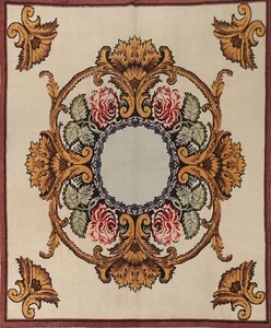 Alfombra española semiantigua Aubusson marfil 8x9 pies Alfombra casi cuadrada de lana hecha a mano - Imagen 1 de 12