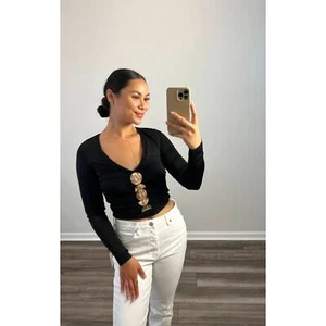 Cult Gaia Kiera Top in Black/Gold Small Pullover Long Sleeve Ruched V-Neck - Picture 1 of 5