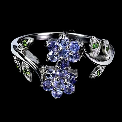 Anillo de plata de ley 925 redondo tanzanita cromo diopsido piedras preciosas joyería talla 8 Foto 1 de 4