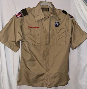 Boy Scouts of America Uniform Shirt Youth Large Khaki Patches Troop 12 BSA - Picture 1 of 7