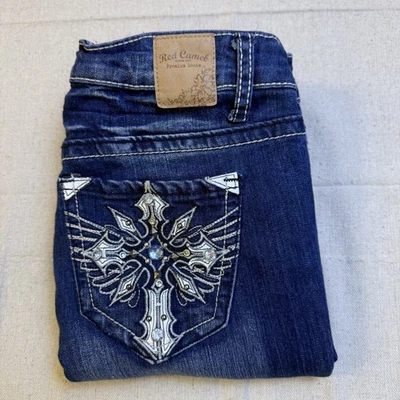 Red Camel Jeans Womens Sz 5 Embellished Low Rise Slim Straight Med Wash Stretch - Image 1 of 4