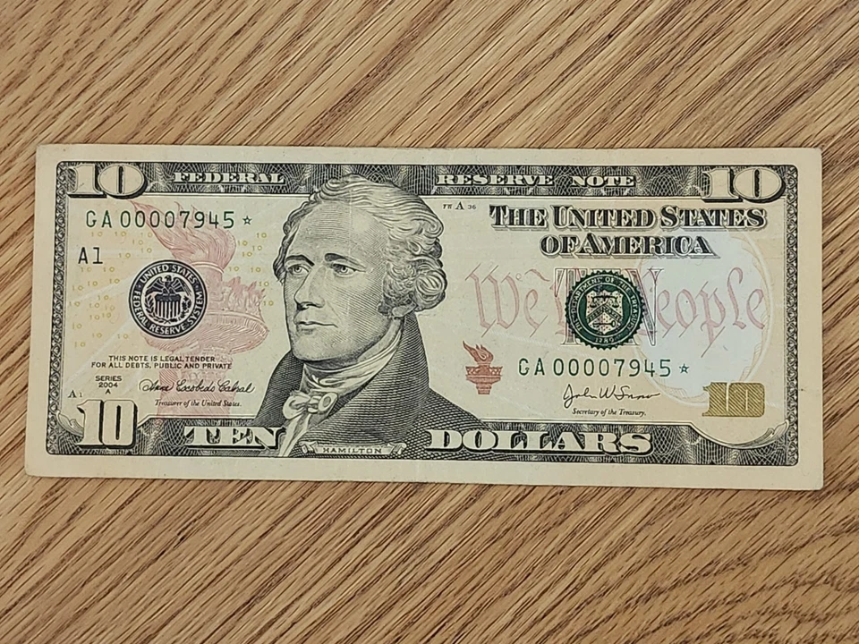 2004 A $10 "STAR NOTE BOSTON DISTRICT GA00007945* 0000 START LOW SERIAL NUMBER - Image 1 of 4