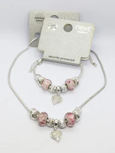 Next charm bracelet&necklace set, Murano glass, Pink floral beads, heart charm - Picture 1 of 8