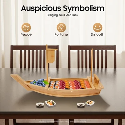 Sushi Serving Tray Boat Shape Wooden Bamboo Nautical Food Display Platter Decor - Image 1 of 4