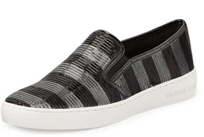 Zapatos sin cordones para mujer Michael Kors Keaton negros/plateados a rayas lentejuelas 8,5 usados en excelente estado Foto 1 de 4