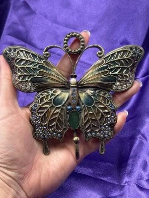Butterfly Antique Style Jeweled Towel Cloth Key Cap Wall Purse Hook Hanger Green - Image 1 of 4