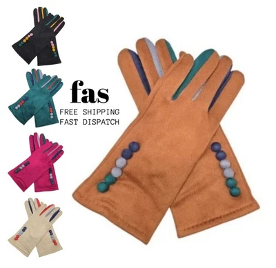 Women Faux Suede Gloves Winter Warm Fleece Soft Lined Multi Colour Button Gloves - Image 1 of 2