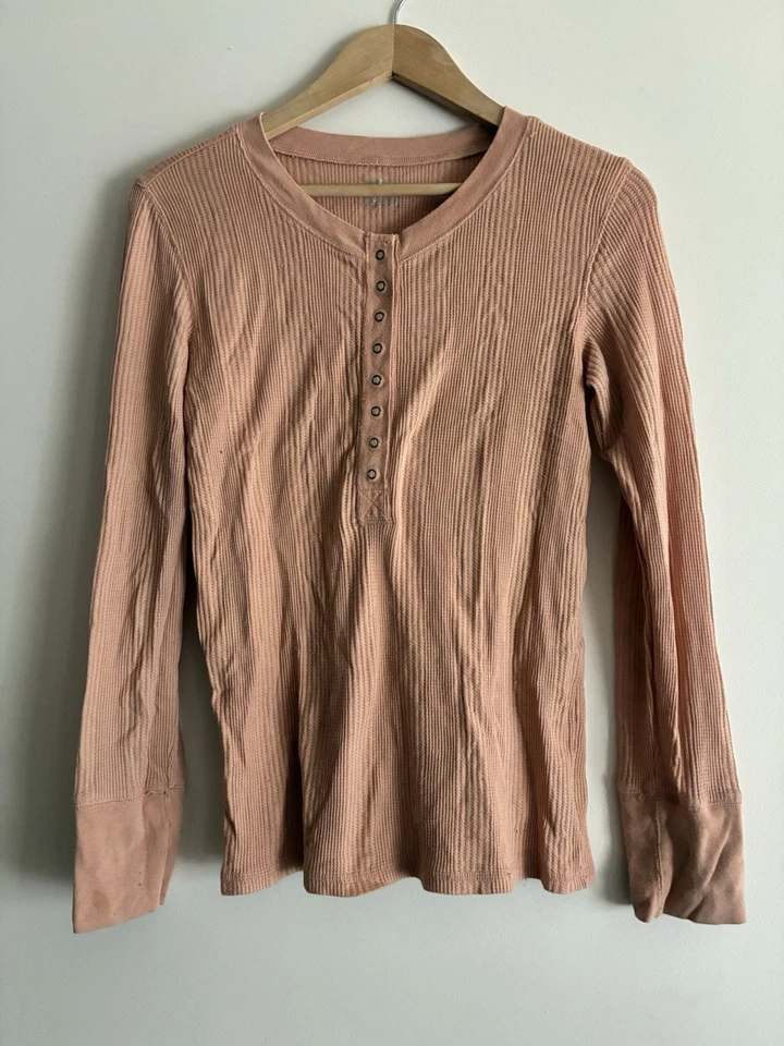 Camisa térmica Henley de manga larga de algodón liso melocotón tejido gofre Aerie para mujer M Foto 1 de 4