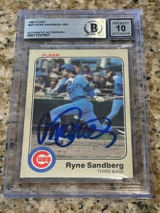 RYNE SANDBERG CHICAGO CUBS CORTE DE BÉISBOL 1983 FLEER ROOKIE BAS 10 CERTIFICADO DE AUTENTICIDAD FIRMADO AUTOMÁTICAMENTE - Imagen 1 de 4
