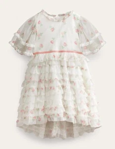New Mini Boden Ruffle Tulle Dip Hem Dress Ivory Small Vintage Floral Size 8-9 - Picture 1 of 4