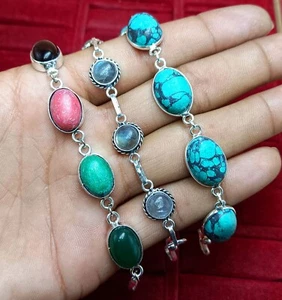 Sale Turquoise & Mix Gemstone 925 Sterling Silver Plated 3 PCs Unisex Bracelets - Picture 1 of 3