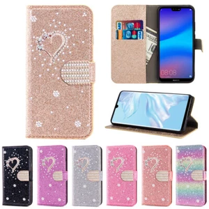 For Huawei P40/P30/P20 Lite Pro/Y7 Glitter Wallet Case Diamond Heart Flip Cover - Picture 1 of 18