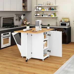 Drop-Leaf Kitchen Island Folding Trolley Cart Wood Storage Cabinet W/ Trash Can - Picture 1 of 10