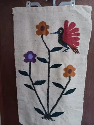 Hand-Woven Textile Wall Hanging Features Bird & Floral Design Boho Vintage - Image 1 of 4