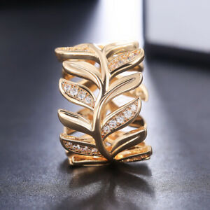 Leaves 18k Yellow Gold Plated Rings Cubic Zirconia Women Charm Jewelry Size 6-10
