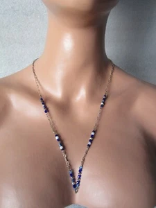VINTAGE SOLID STERLING SILVER BLUE IRIDESCENT GLASS BEAD CHAIN 26” NECKLACE - Picture 1 of 10
