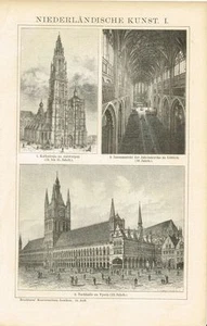 Tafel ARCHITEKTUR NIEDERLANDE / GOTIK / YPERN/ ANTWERPEN 1894 Original-Holzstich - Picture 1 of 1