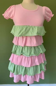 LOLLY WOLLY DOODLE Tiered Ruffle Dress Pink Green Cotton Knit Girls 10 - Picture 1 of 5