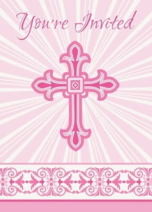 Cross Invitation Pink Invites Girls Baptism Christening Religious Devotional 8ct - Picture 1 of 3