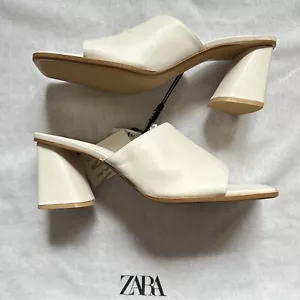 New Zara Wide Heel Square Toe White Leather Sandal 3537/110 Size 11 42 - Picture 1 of 8
