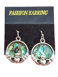 NOS Abalone Claddagh Silver tone Fashion Drop Dangal Earrings on Original Card - Picture 1 of 12
