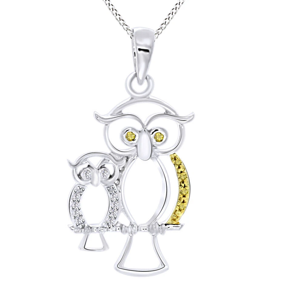 Collar Colgante Búho Amarillo y Blanco Diamante Real Chapado en Oro Blanco 14K Esterlina Foto 1 de 4
